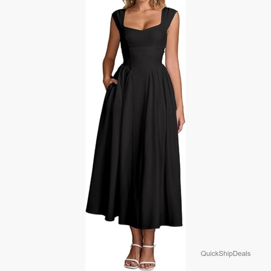 Square Neck A-Line Midi Dress With Back Cutout And Hidden Pocket